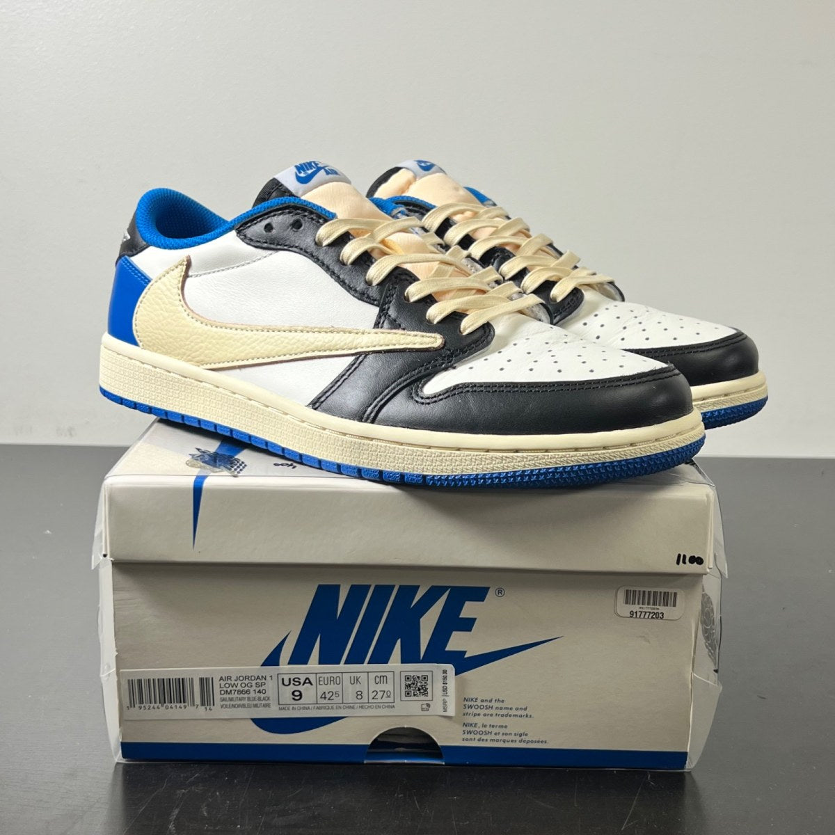 Jordan 1 Retro Low OG SP Fragment x Travis Scott 9 (Lightly Worn Pre-Owned)JordanWhite/Black-Royal-Sail - Image 1