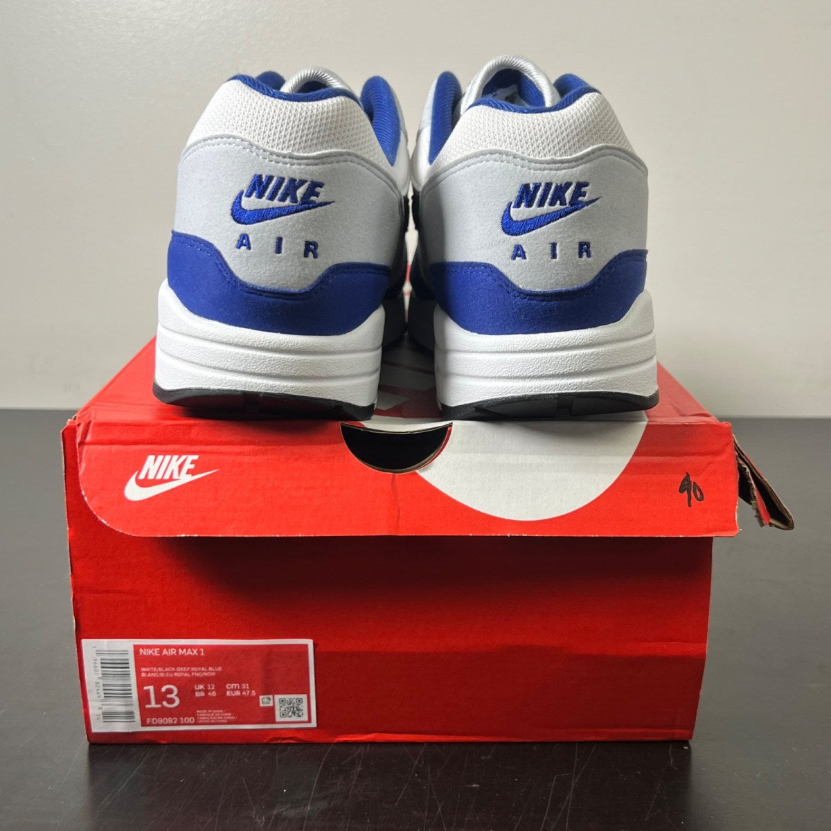 Nike Air Max 1 Deep Royal Blue 13 (Lightly Worn Pre-Owned)NikeWhite/Black/Deep Royal Blue - Image 4
