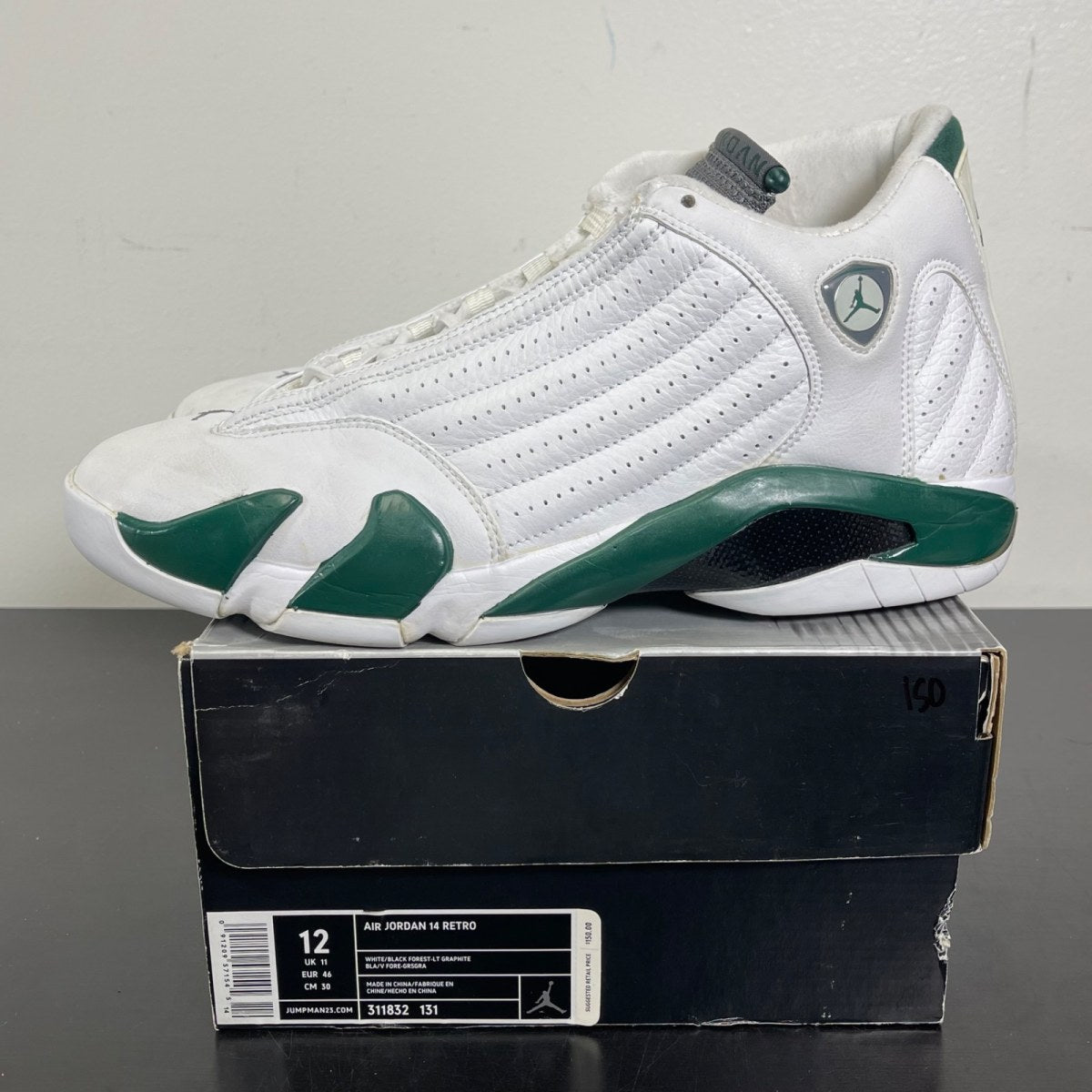 Jordan 14 Retro White Forest Green 12 (Moderately Worn Pre-Owned)JordanWhite/Black-Deep Forest Green-Graphite - Image 3