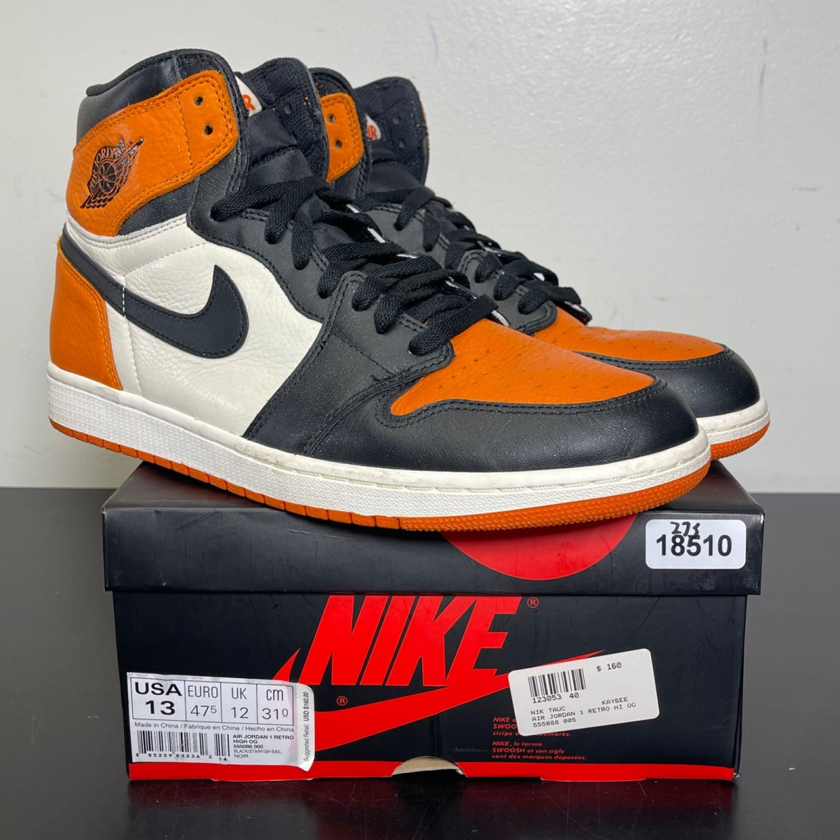 Jordan 1 Retro Shattered Backboard 13 (Moderately Worn Pre-Owned)JordanBlack/Starfish-Sail - Image 1