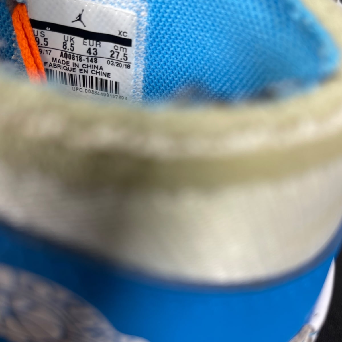 Jordan 1 Retro High Off-White University Blue 9.5 (Moderately Worn Pre-Owned)JordanWhite/Dark Powder Blue-Cone - Image 6