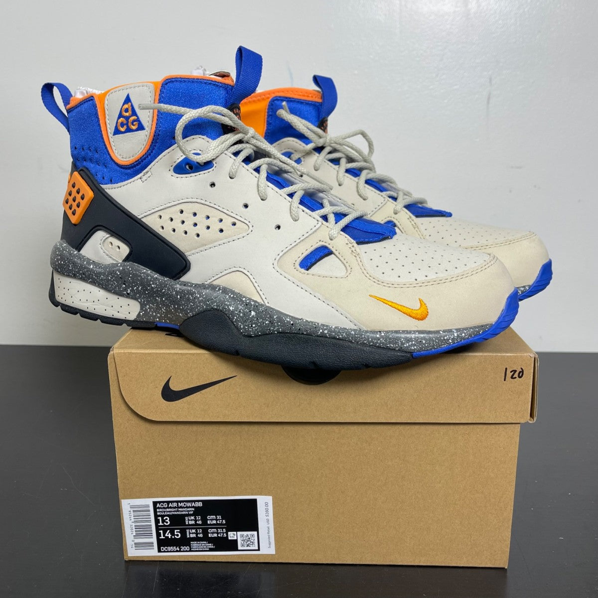 Nike ACG Air Mowabb OG Rattan Birch (2021) 13 (Moderately Worn Pre-Owned)NikeBirch/Bright Mandarin-Hyper Royal-Rattan - Image 1