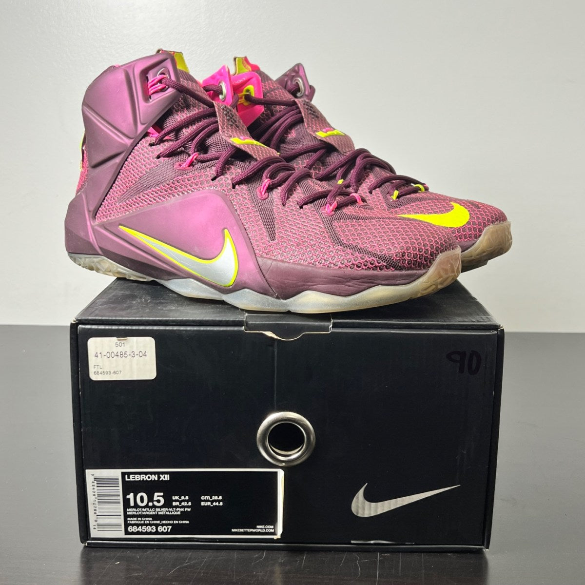 Nike LeBron 12 Double Helix 10.5 (Moderately Worn Pre-Owned)NikeMerlot/Volt/Pink Pow/Metallic Silver - Image 1