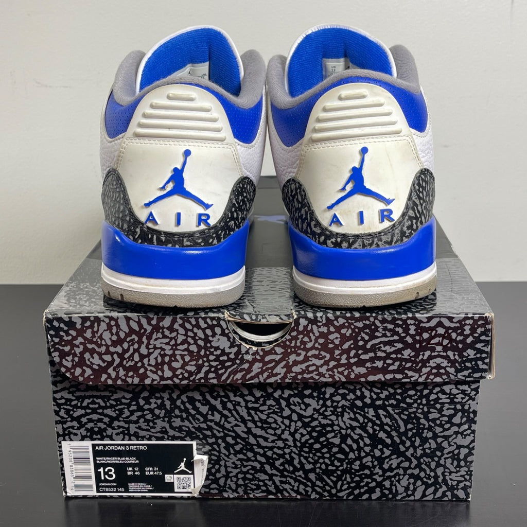 Jordan 3 Retro Racer Blue 13 (Moderately Worn Pre-Owned)JordanWhite/Black-Cement Grey-Racer Blue - Image 4