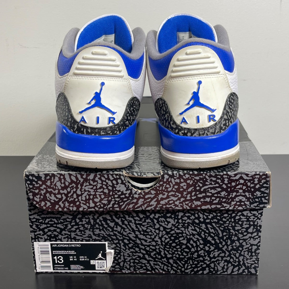 Jordan 3 Retro Racer Blue 13 (Moderately Worn Pre-Owned)JordanWhite/Black-Cement Grey-Racer Blue - Image 4