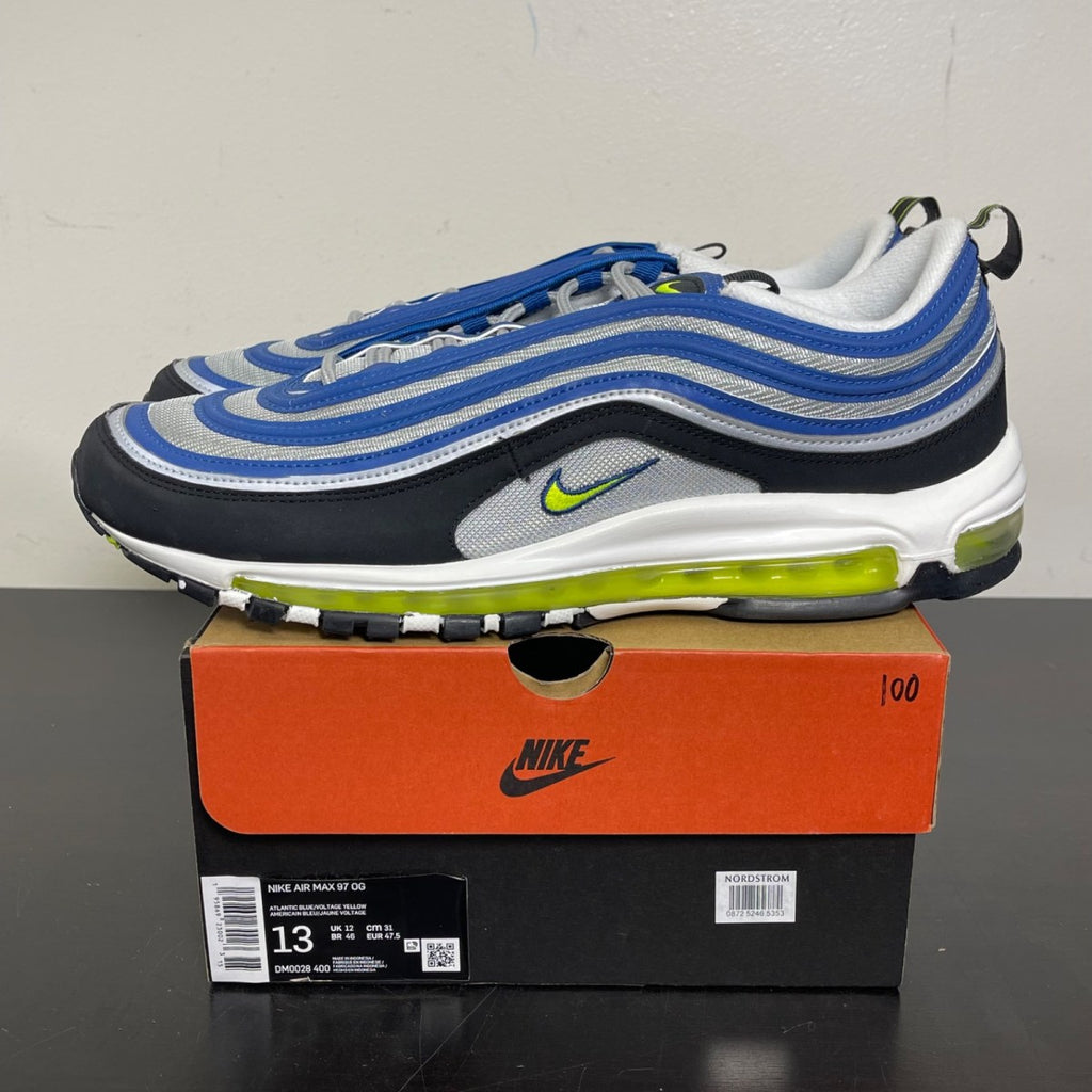 Nike Air Max 97 OG Atlantic Blue Voltage Yellow 13 (Moderately Worn Pre-Owned)NikeAtlantic Blue/Metallic Silver/Black/Voltage Yellow - Image 3