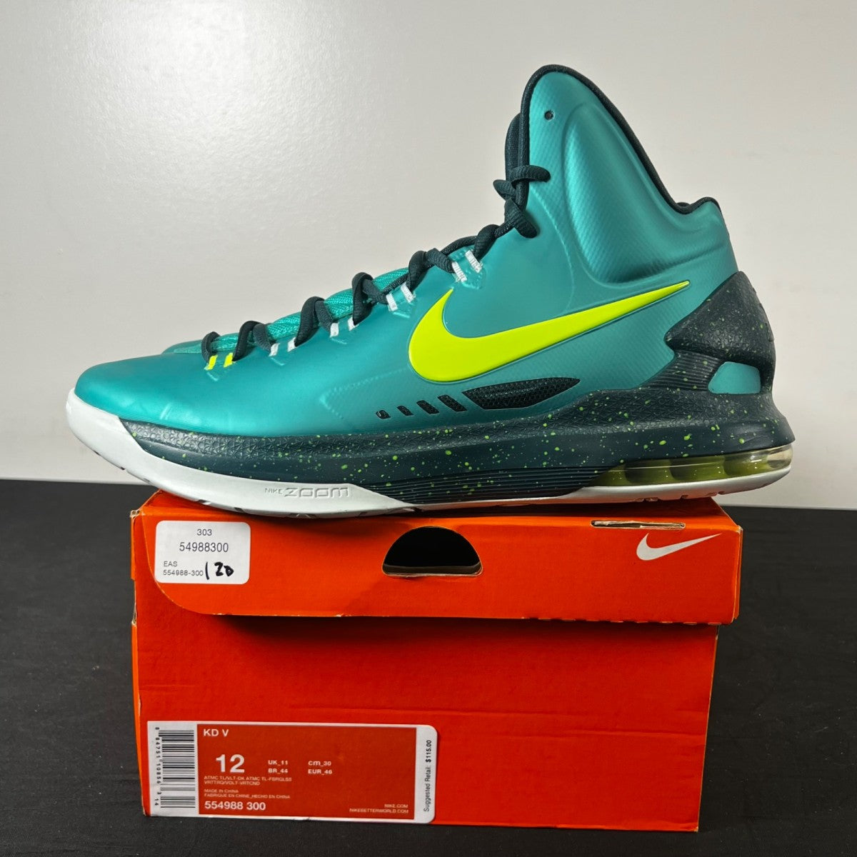 Nike KD 5 Hulk 12 (New Pre-Owned)NikeAtomic Teal / Volt / Dark Atomic Teal / Fiberglass / Gamma Ray - Image 3