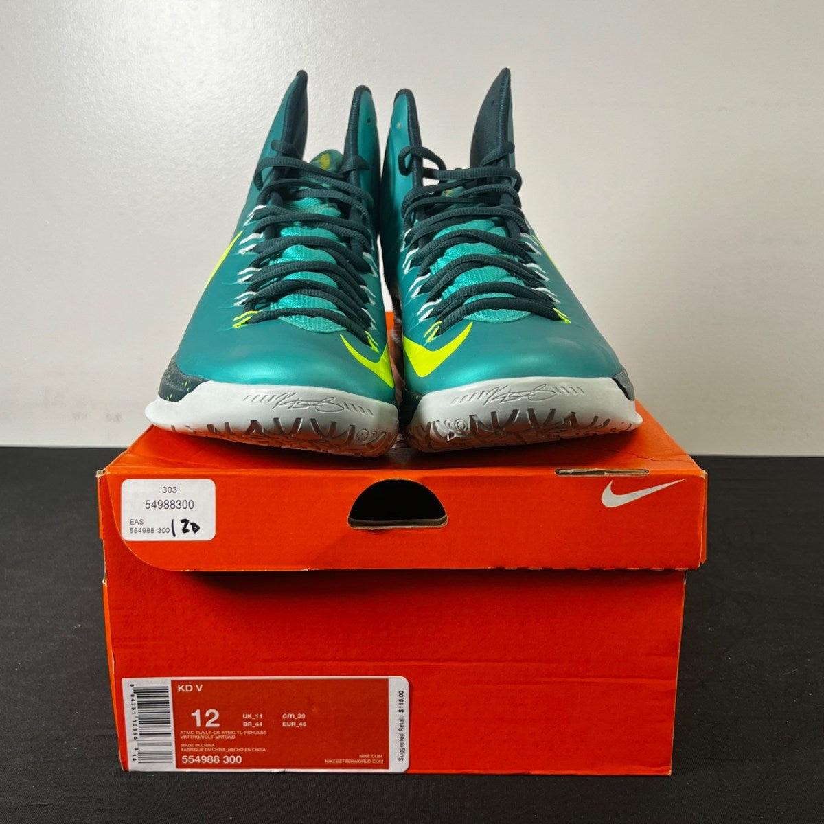 Nike KD 5 Hulk 12 (New Pre-Owned)NikeAtomic Teal / Volt / Dark Atomic Teal / Fiberglass / Gamma Ray - Image 2