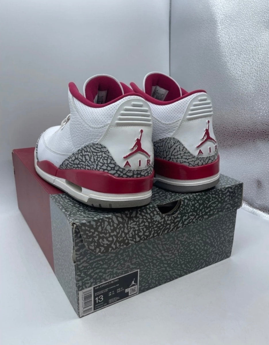 Jordan 3 Retro Cardinal Red 13 (Heavily Worn Pre-Owned)JordanWhite/Light Curry-Cardinal Red-Cement Grey - Image 4