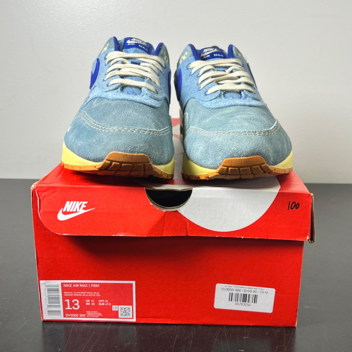 Nike Air Max 1 PRM Dirty Denim 13 (Lightly Worn Pre-Owned)NikeMineral Slate/Deep Royal Blue-Lemon Wash - Image 2