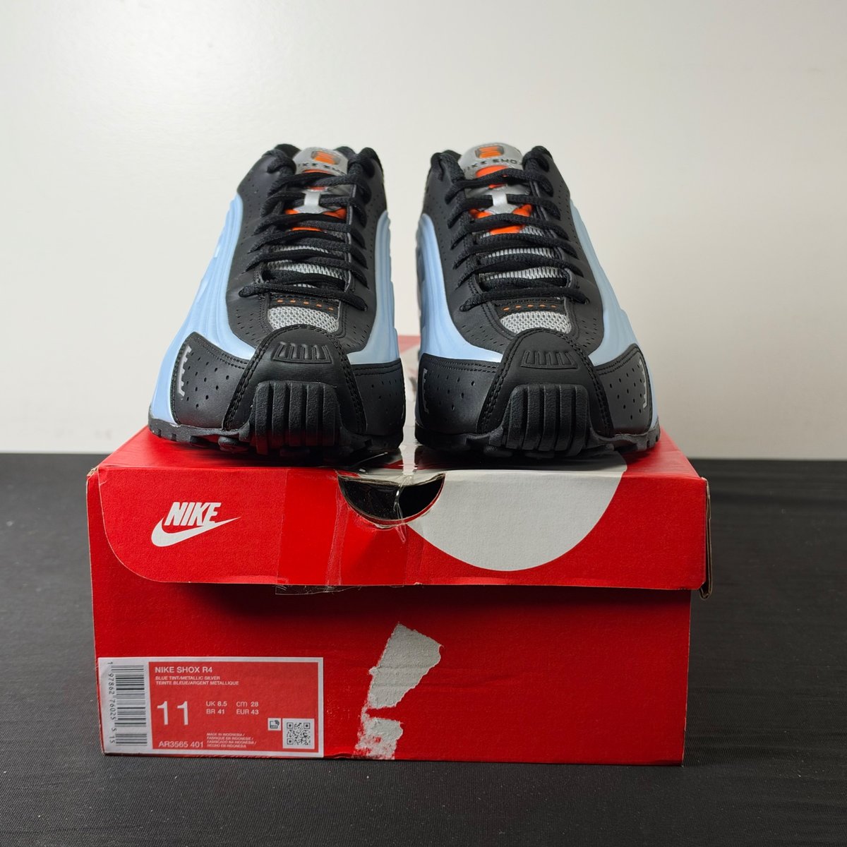 Nike Shox R4 Blue Tint Total Orange Black Metallic Silver (Women's) (Size 11W) - aux