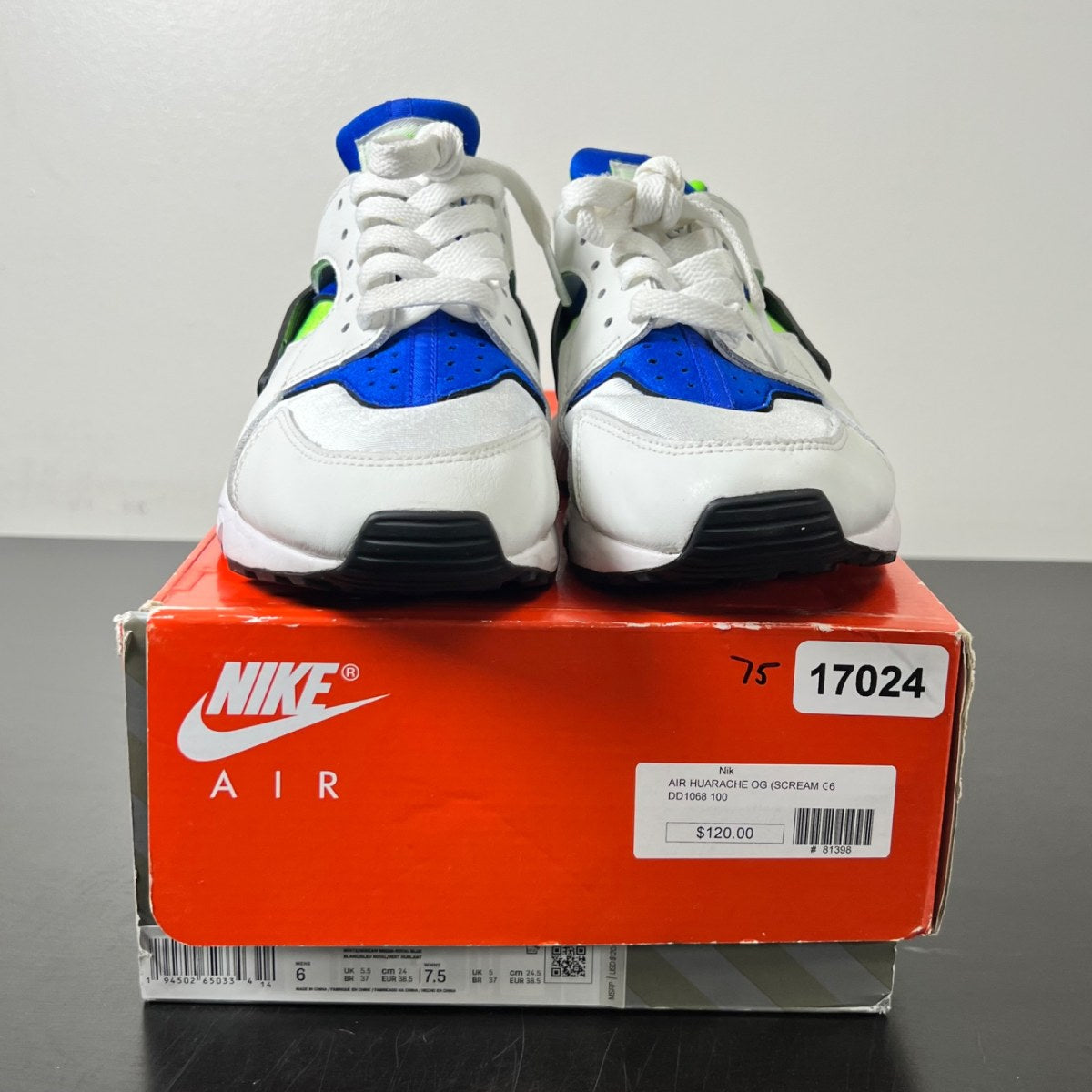 Nike Air Huarache Scream Green (2021) 6 (Lightly Worn Pre-Owned)NikeWhite/Scream Green-Royal Blue-Black - Image 2