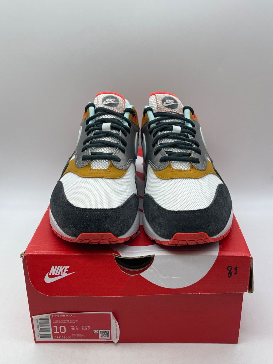 Nike Air Max 1 Graffiti Logo 10 (Moderately Worn Pre-Owned)NikeWhite/Chutney-Dark Smoke Grey-Glacier Ice - Image 2