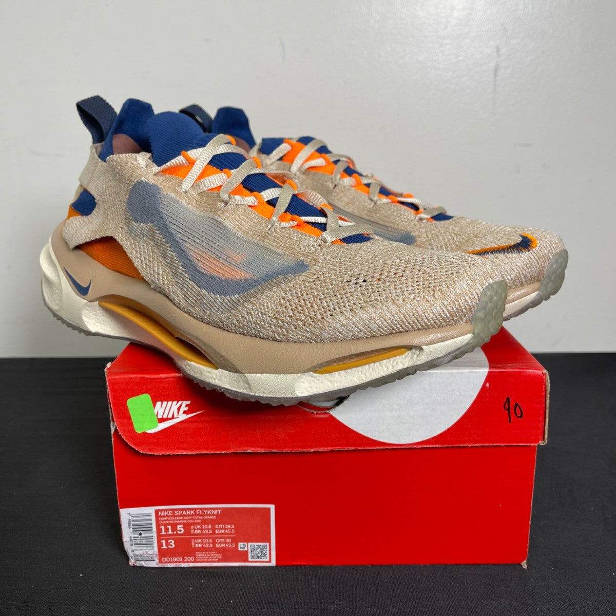 Nike Spark Flyknit Tan Total Orange 11.5 (Moderately Worn Pre-Owned)NikeHemp/College Navy-Total Orange - Image 1