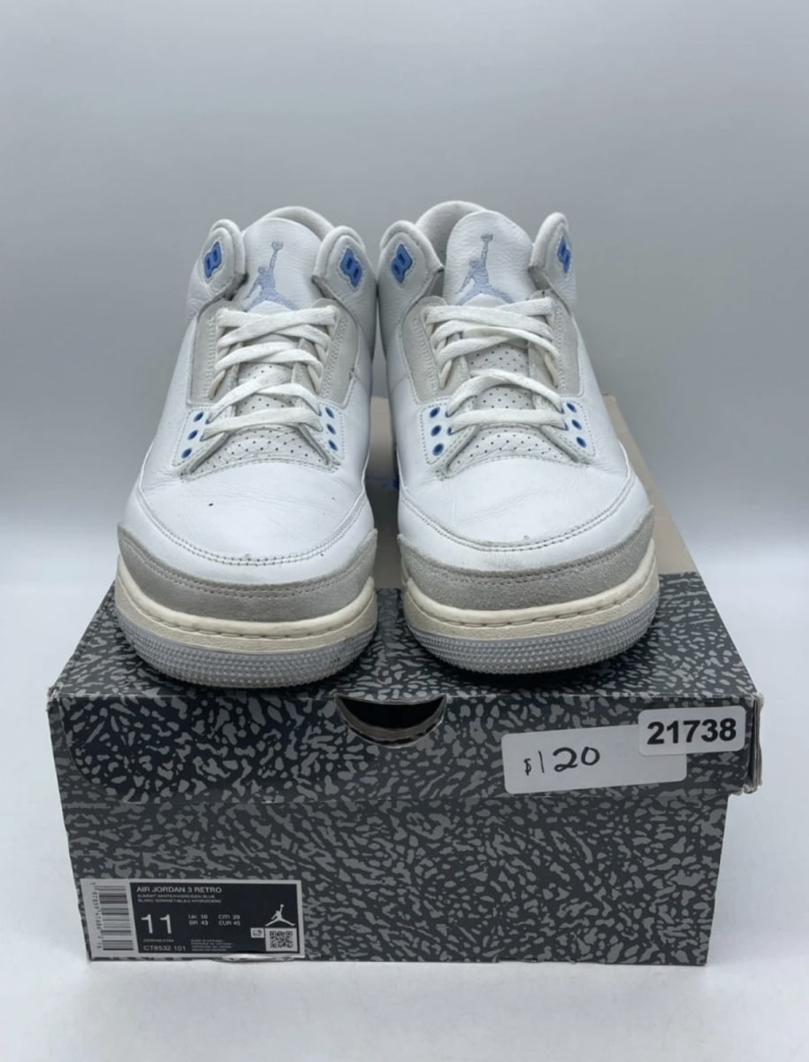 Jordan 3 Retro Lucky Shorts 11 (Moderately Worn Pre-Owned)JordanSummit White/Hydrogen Blue-Legend Blue-Photon Dust-Pure Platinum-Sail - Image 2