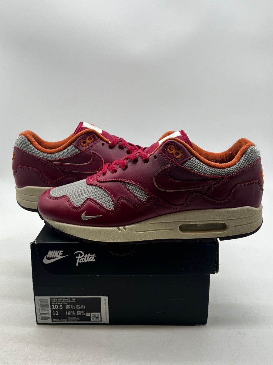 Nike Air Max 1 Patta Waves Rush Maroon (with Bracelet) 10.5 (Lightly Worn Pre-Owned)NikeMetallic Silver/Rush Maroon - Image 1