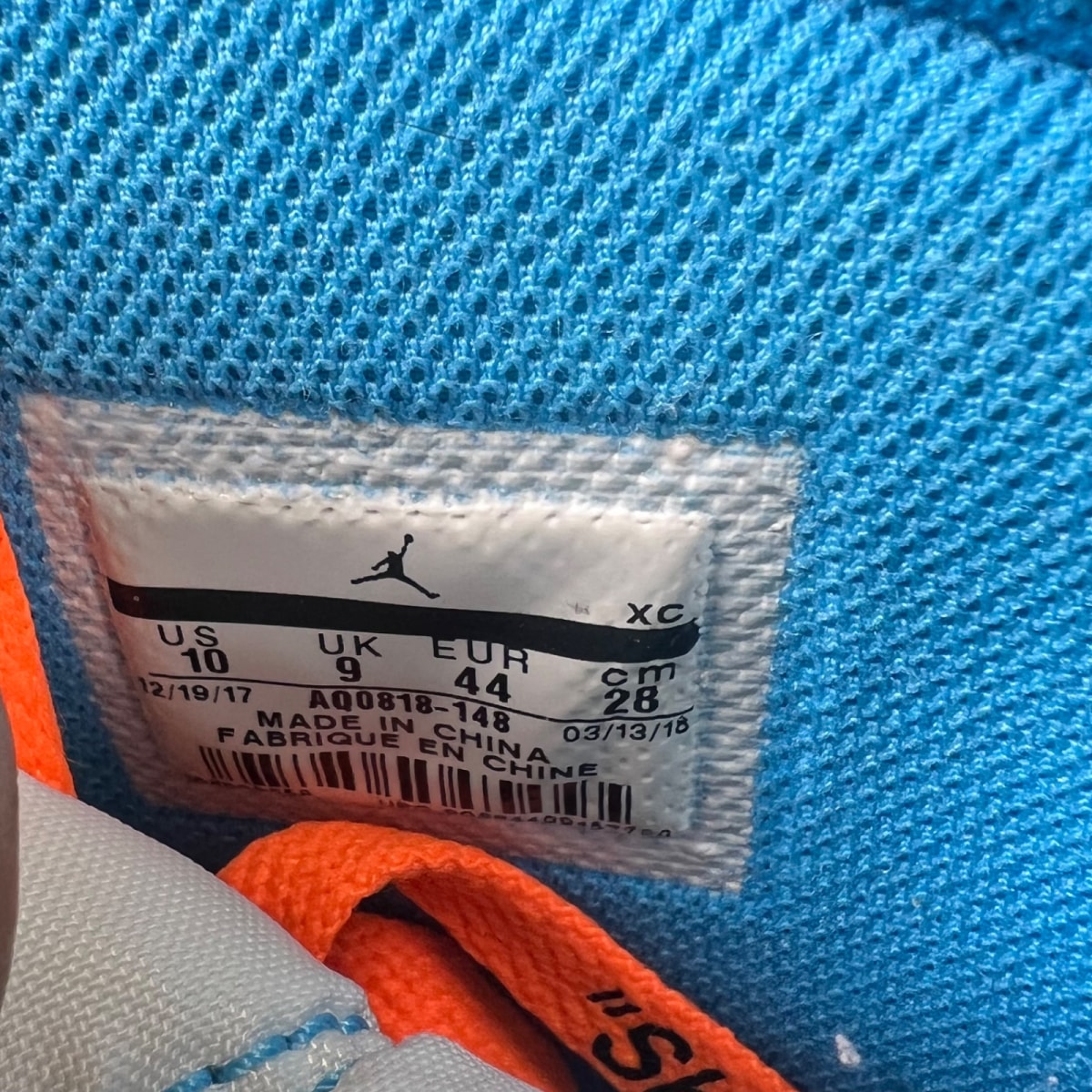 Jordan 1 Retro High Off-White University Blue 10 (Lightly Worn Pre-Owned)JordanWhite/Dark Powder Blue-Cone - Image 7
