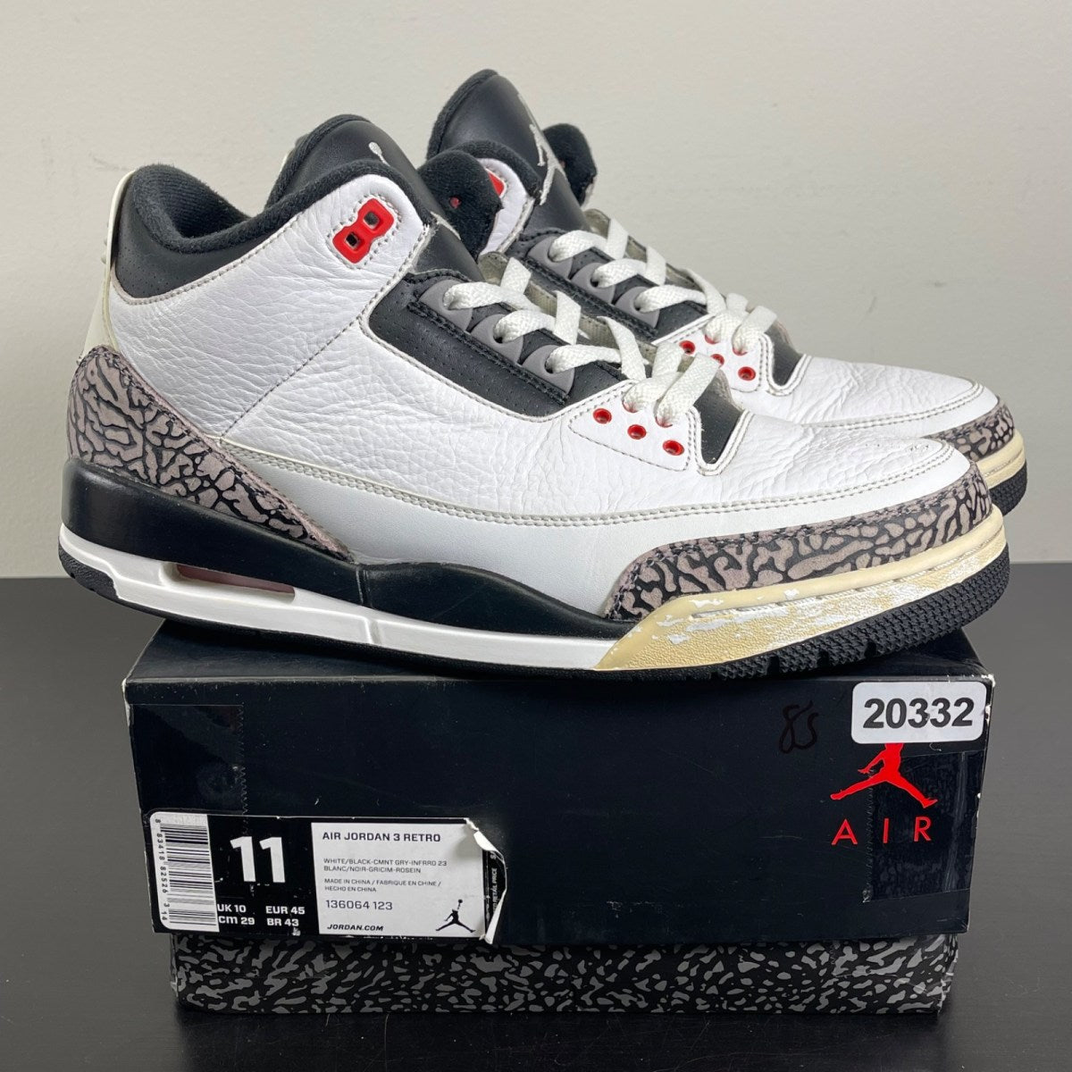 Jordan 3 Retro Infrared 23 11 (Moderately Worn Pre-Owned)JordanWhite/Cement Grey-Infrared 23-Black - Image 1