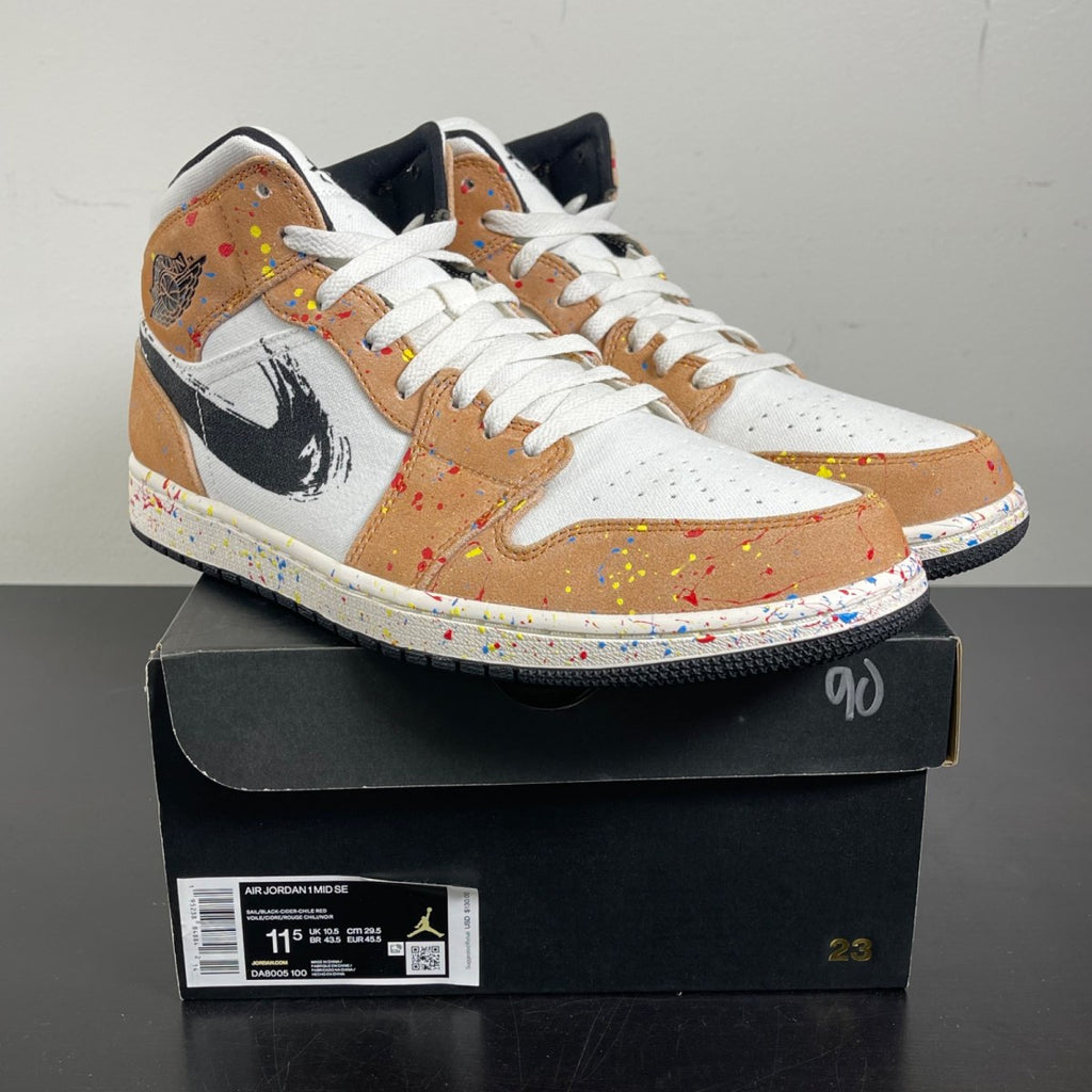 Jordan 1 Mid SE Brushstroke 11.5 (Moderately Worn Pre-Owned)JordanSail/Black-Cider-Chile Red - Image 1