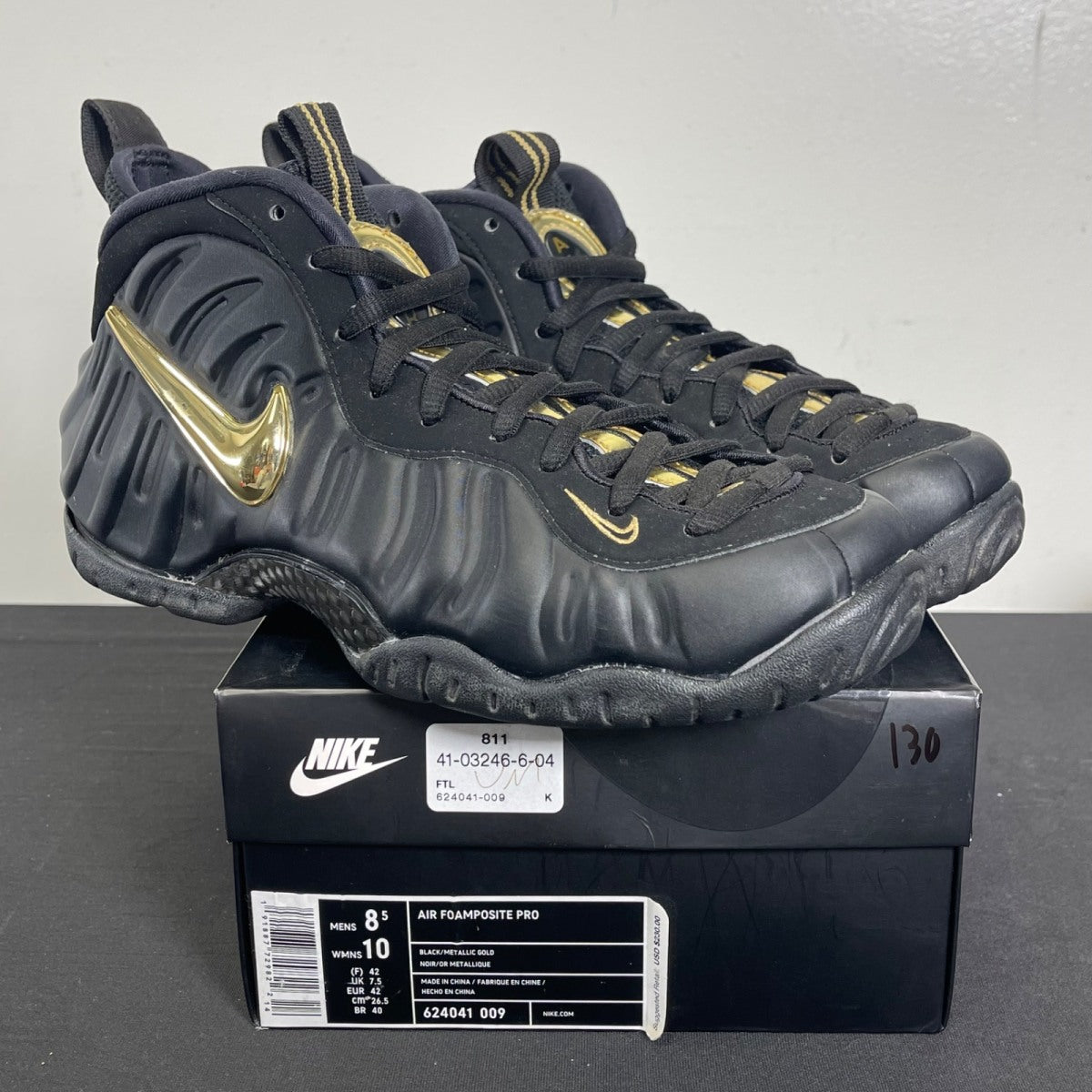 Nike Air Foamposite Pro Black Metallic Gold 8.5 (Moderately Worn Pre-Owned)NikeBlack/Metallic Gold-Black - Image 1