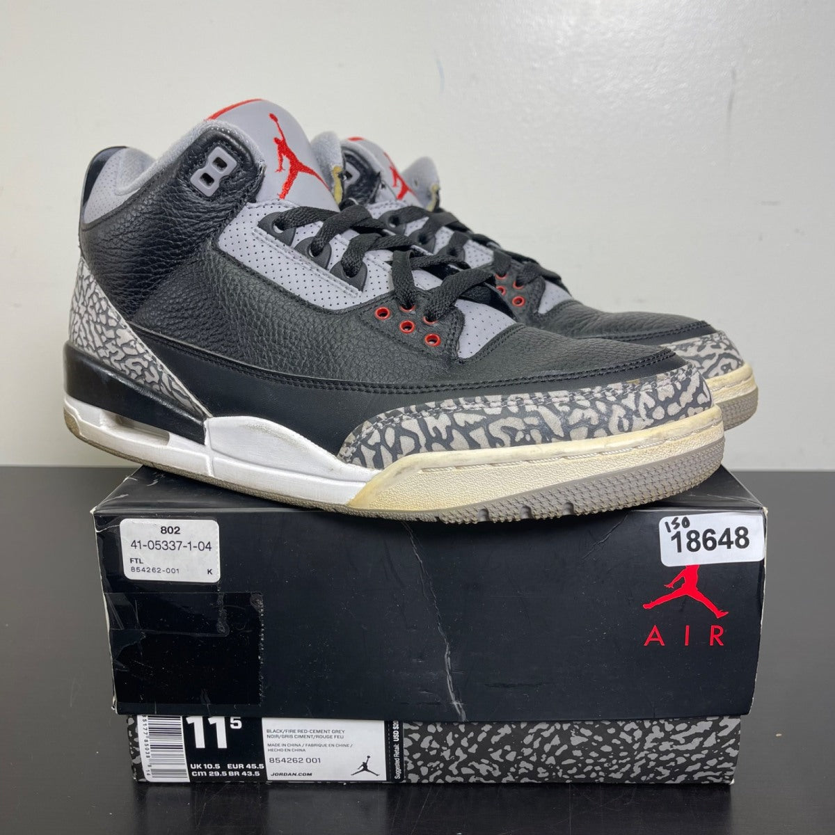 Jordan 3 Retro Black Cement (2018) 11.5 (Moderately Worn Pre-Owned)JordanBlack/Fire Red-Cement Grey-White - Image 1