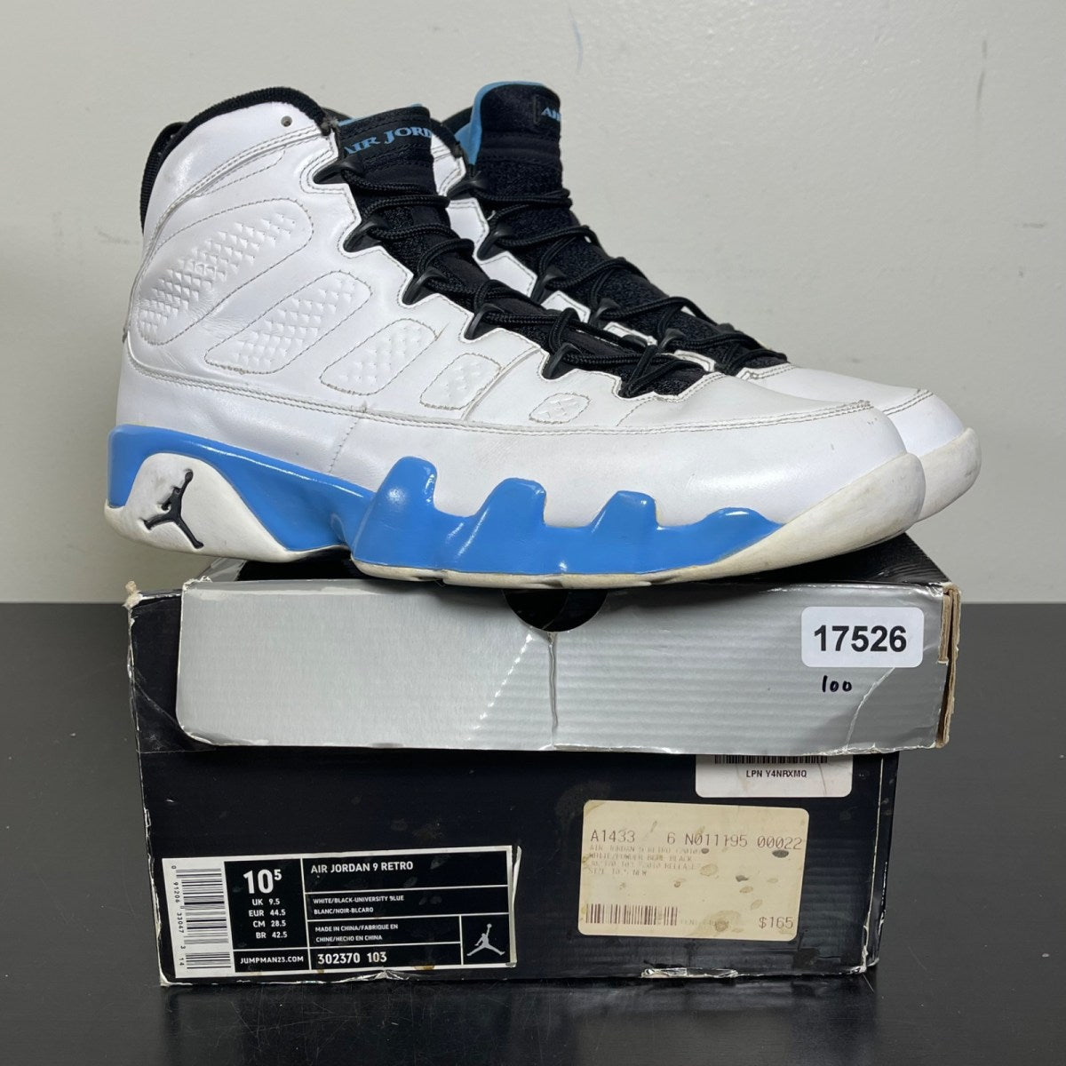 Jordan 9 Retro Powder (2010) 10.5 (Moderately Worn Pre-Owned)JordanWhite/University Blue - Image 1
