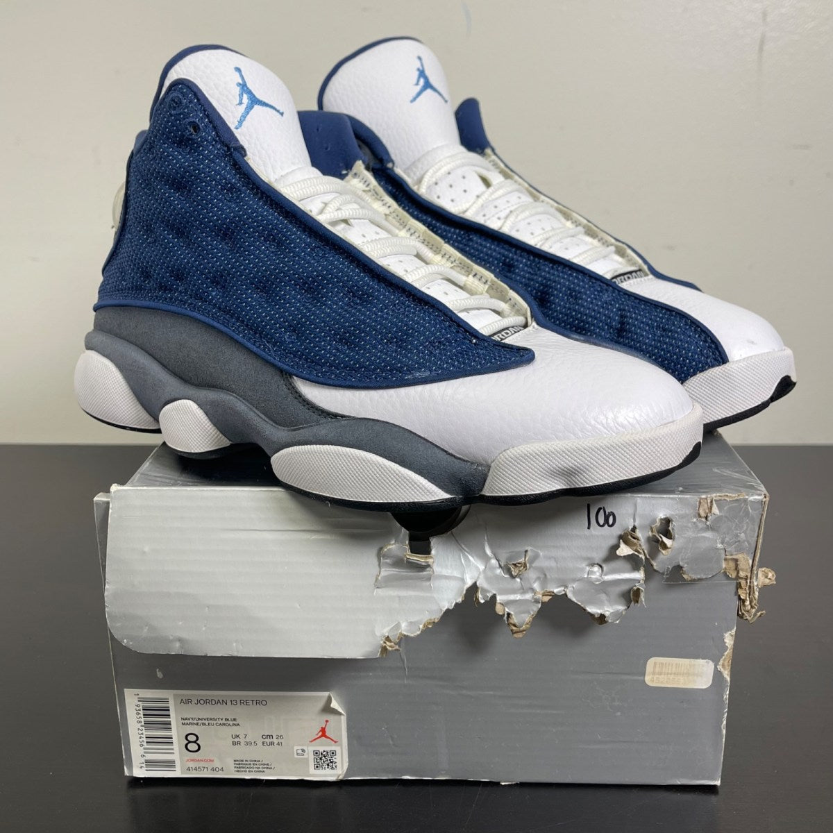 Jordan 13 Retro Flint (2020) 8 (Moderately Worn Pre-Owned)JordanNavy/Flint Grey-White-University Blue - Image 1