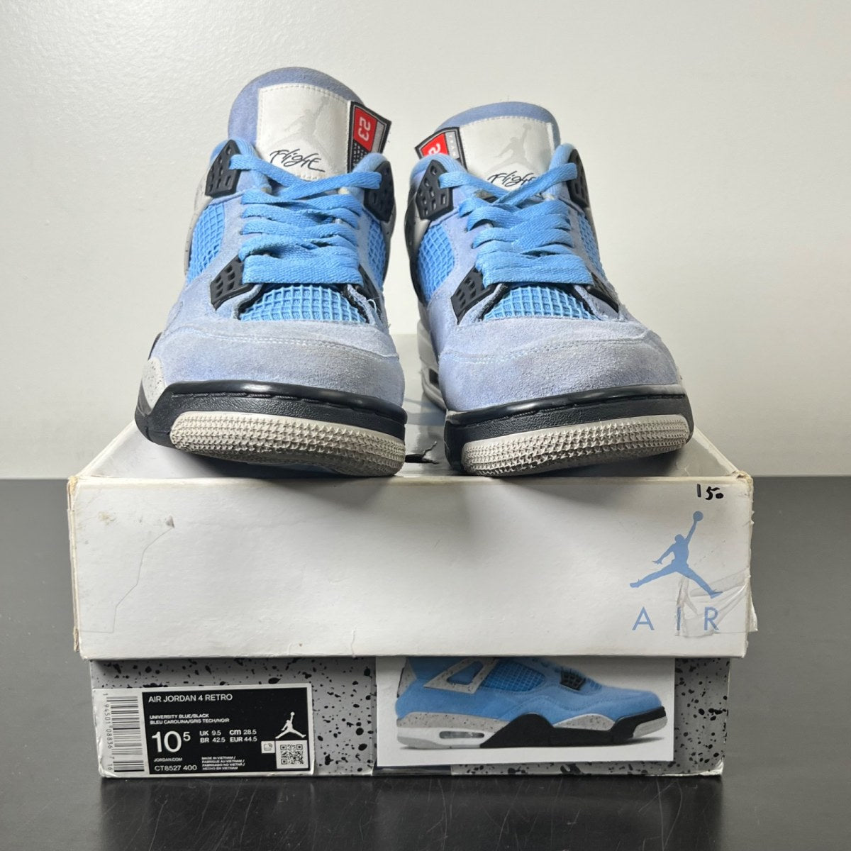 Jordan 4 Retro University Blue 10.5 (Moderately Worn Pre-Owned)JordanUniversity Blue/Tech Grey-White-Black - Image 2