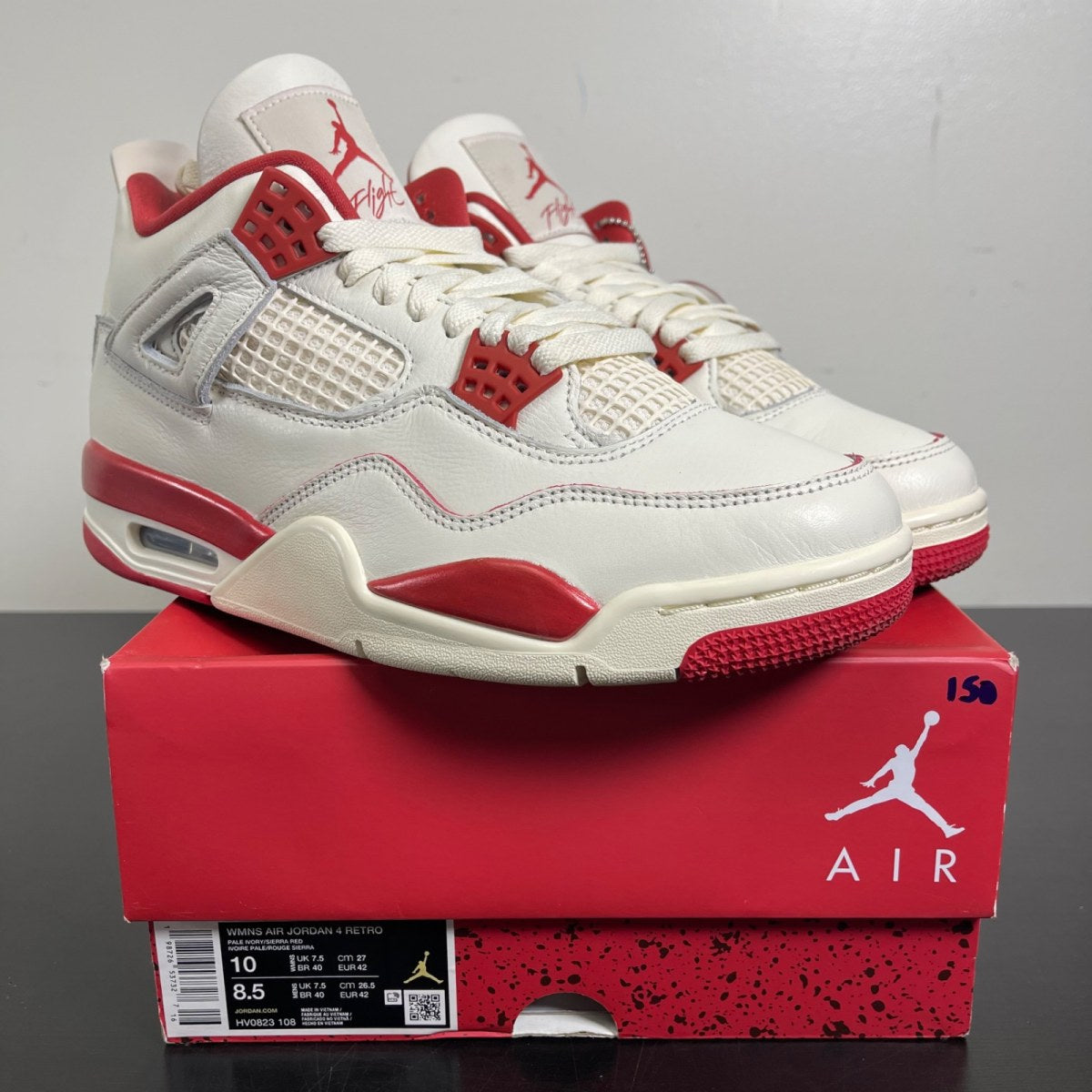 Jordan 4 Retro Valentine's Day Sierra Red (Women's) 10W (Moderately Worn Pre-Owned)JordanPale Ivory/Sierra Red/Tough Red - Image 1