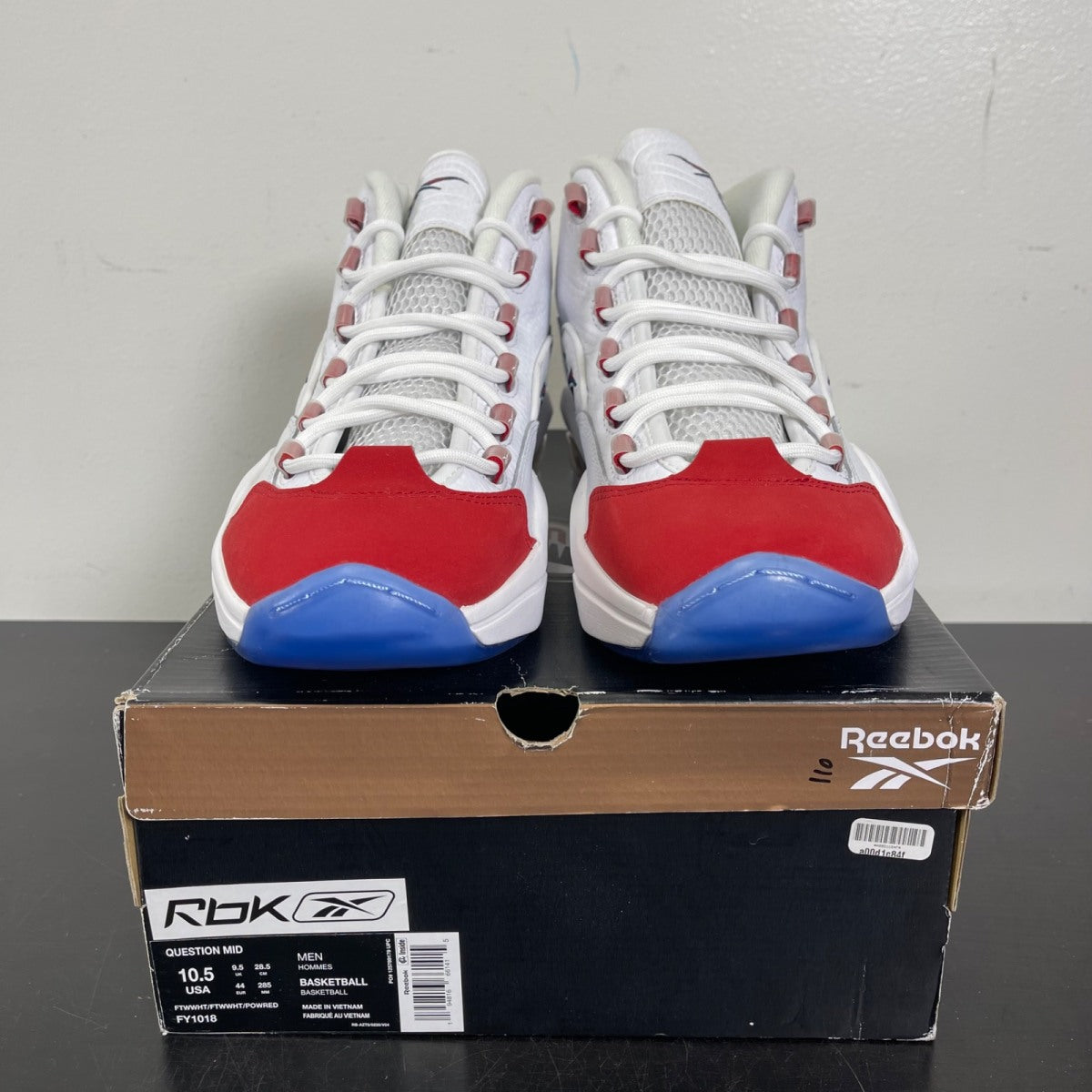 Reebok Question Mid Red Toe 25th Anniversary 10.5 (Moderately Worn Pre-Owned)ReebokWhite/White-Red - Image 2
