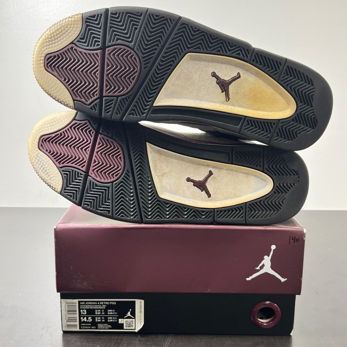 Jordan 4 Retro PSG Paris Saint-Germain 13 (Heavily Worn Pre-Owned)JordanWhite/Black-Metallic Gold-Bordeaux - Image 6
