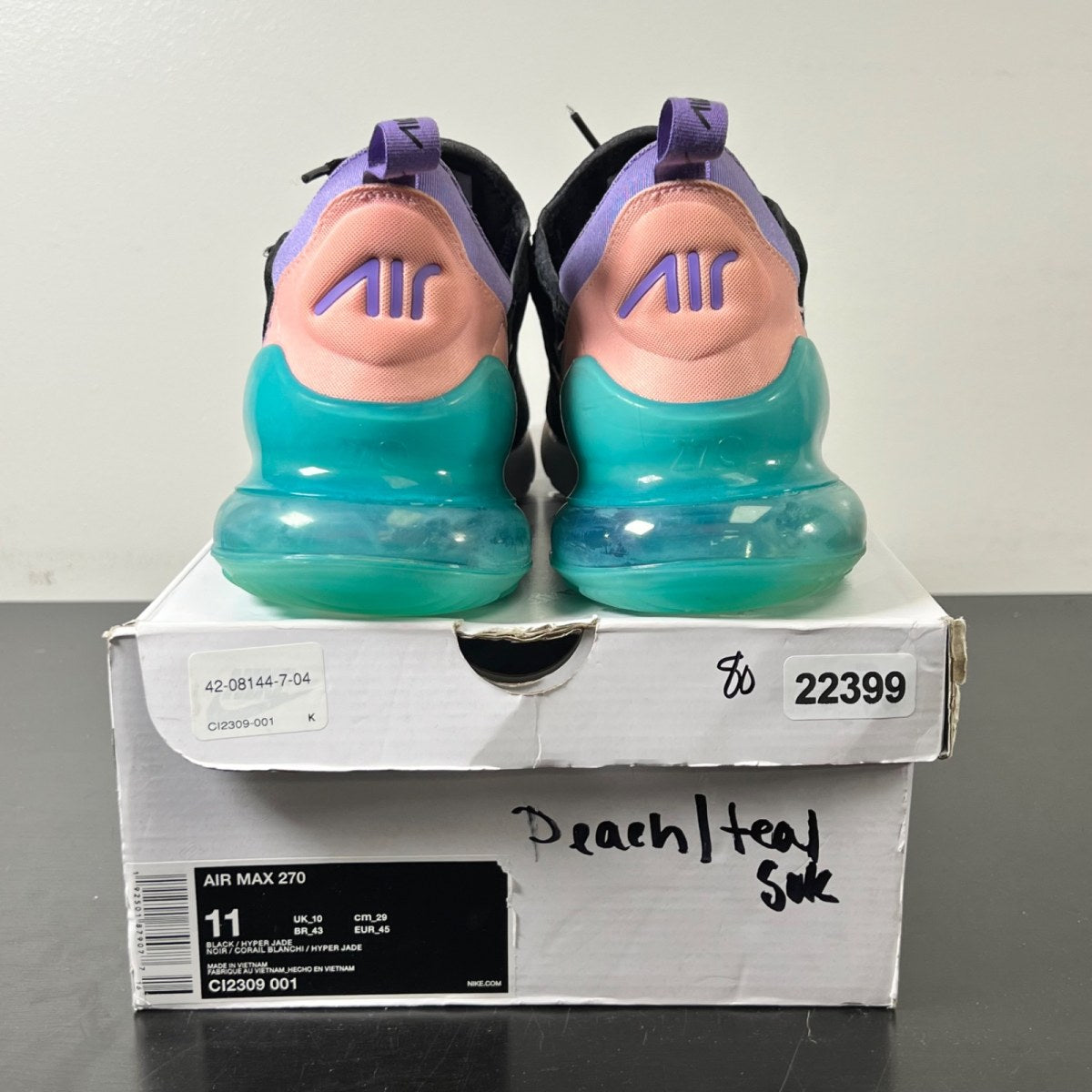 Nike Air Max 270 Have a Nike Day 11 (Moderately Worn Pre-Owned)NikeBlack/Hyper Jade-Bleached Coral-Space Purple - Image 4