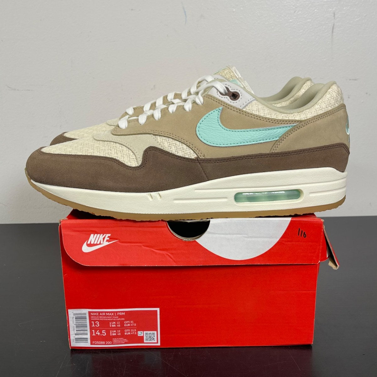 Nike Air Max 1 Crepe Brown (2022) 13 (Moderately Worn Pre-Owned)NikeMedium Brown/Mint Foam/Mushroom/Muslin - Image 3