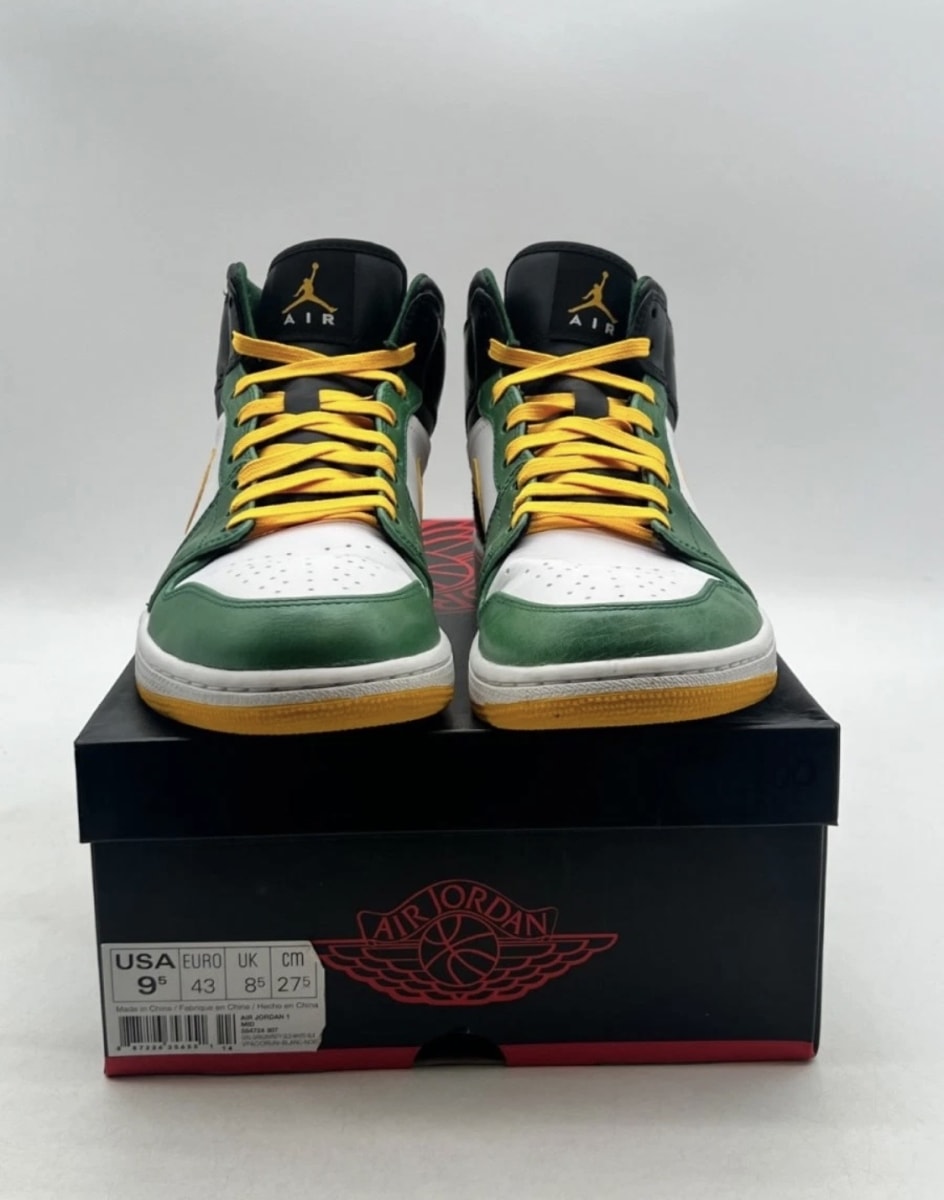 Jordan 1 Mid Retro Sonics 9.5 (Lightly Worn Pre-Owned)JordanGorge Green/University Gold-White-Black - Image 2