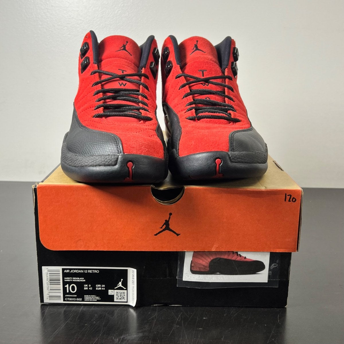 Jordan 12 Retro Reverse Flu Game 10 (Lightly Worn Pre-Owned)JordanVarsity Red/Black - Image 2
