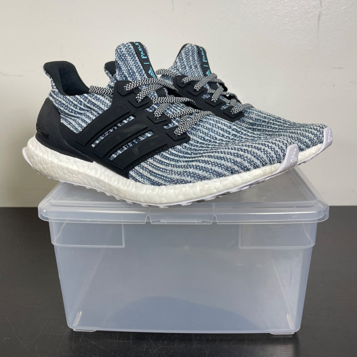 adidas Ultra Boost 4.0 Parley Carbon Blue Spirit 8 (Moderately Worn Pre-Owned)adidasFootwear White/Carbon/Blue Spirit - Image 1