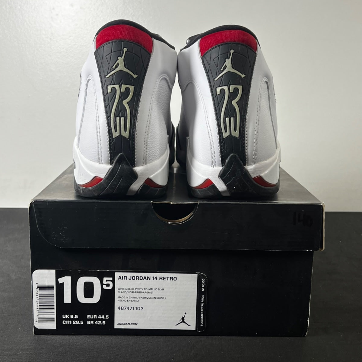 Jordan 14 Retro Black Toe (2014) 10.5 (Lightly Worn Pre-Owned)JordanWhite/Black-Varsity Red-Metallic Silver - Image 4
