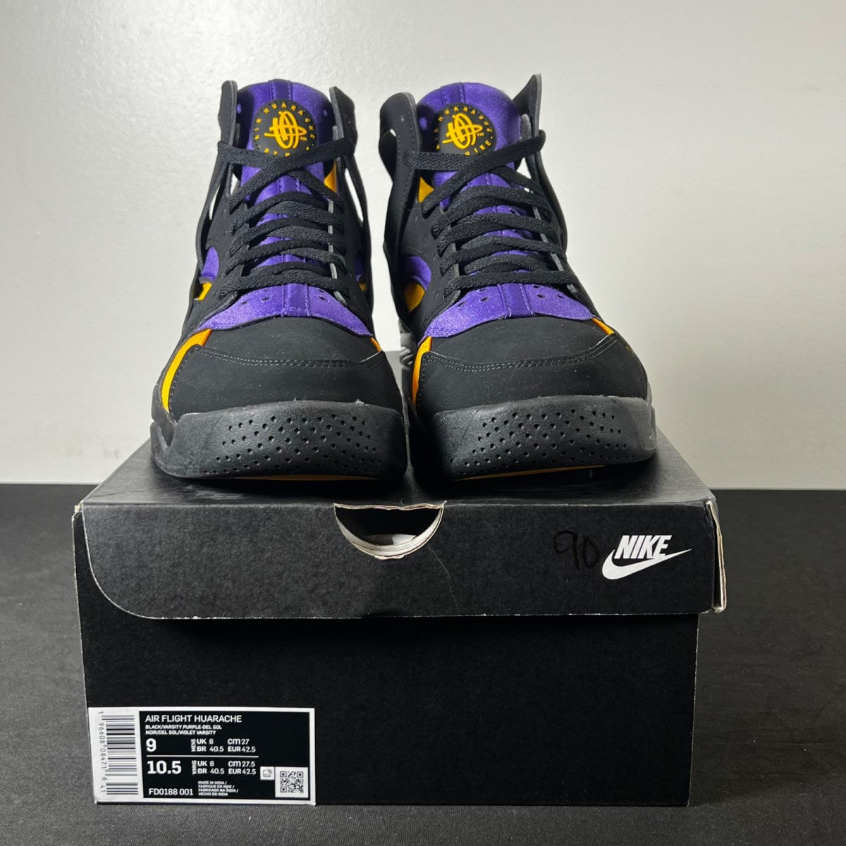 Nike Air Flight Huarache Lakers Away 9 (Lightly Worn Pre-Owned)NikeBlack/Varsity Purple/Del Sol - Image 2
