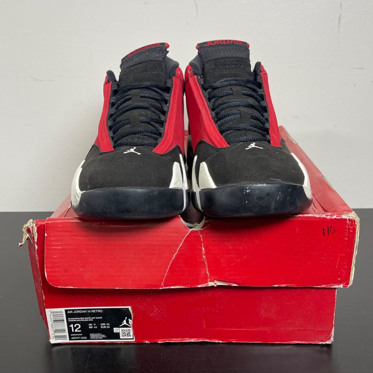 Jordan 14 Retro Gym Red Toro 12 (Moderately Worn Pre-Owned)JordanBlack/White-Off White-Gym Red - Image 2