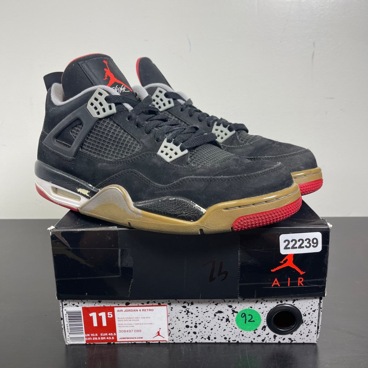 Jordan 4 Retro Black Cement (2012) 11.5 (Heavily Worn Pre-Owned)JordanBlack/Fire Red-Cement Grey - Image 1