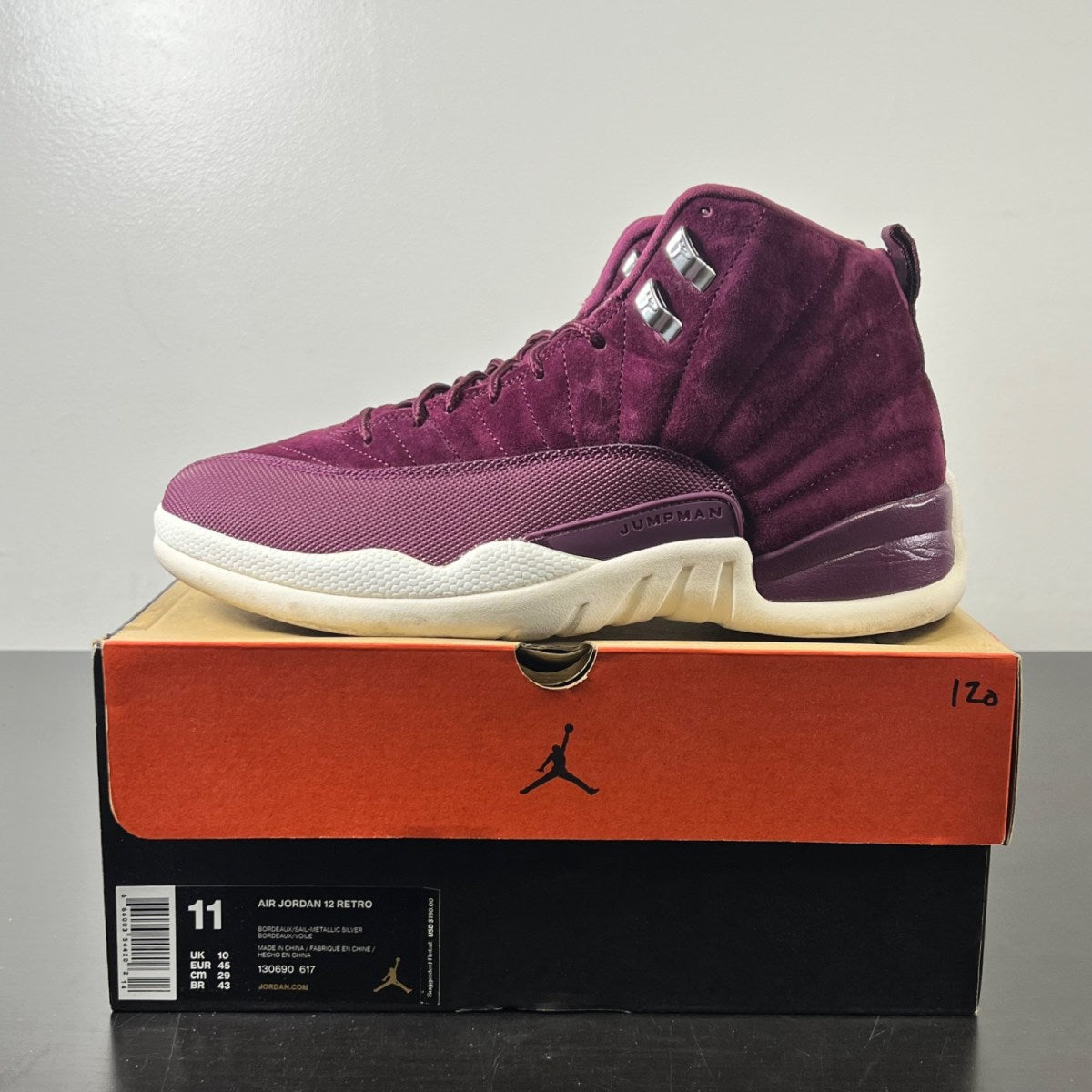 Jordan 12 Retro Bordeaux 11 (Lightly Worn Pre-Owned)JordanBordeaux/Sail-Metallic Silver - Image 3