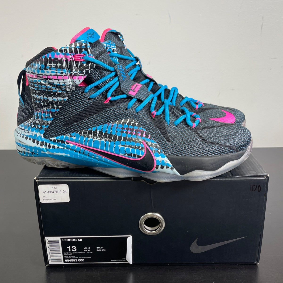 Nike LeBron 12 23 Chromosomes 13 (Moderately Worn Pre-Owned)NikeBlack/Pink Power-Blue Lagoon - Image 1