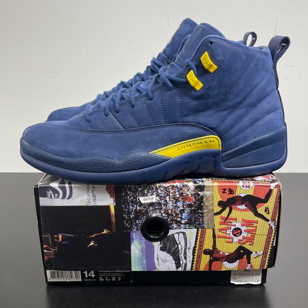 Jordan 12 Retro Michigan 14 (Moderately Worn Pre-Owned)JordanCollege Navy/Amarillo - Image 3