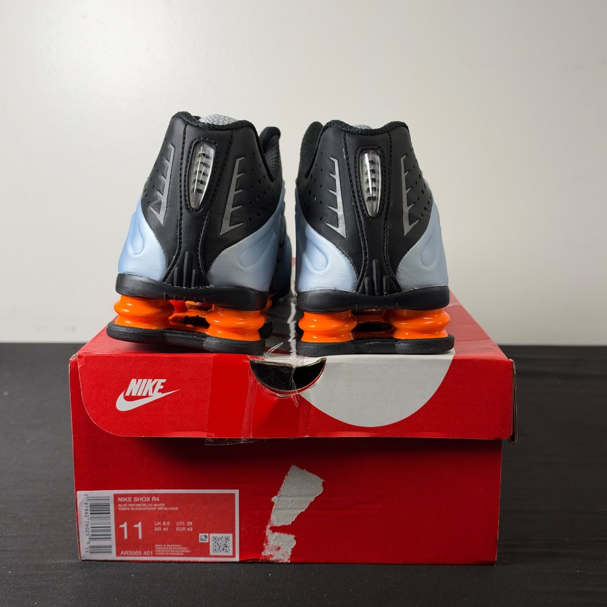 Nike Shox R4 Blue Tint Total Orange Black Metallic Silver (Women's) (Size 11W) - aux