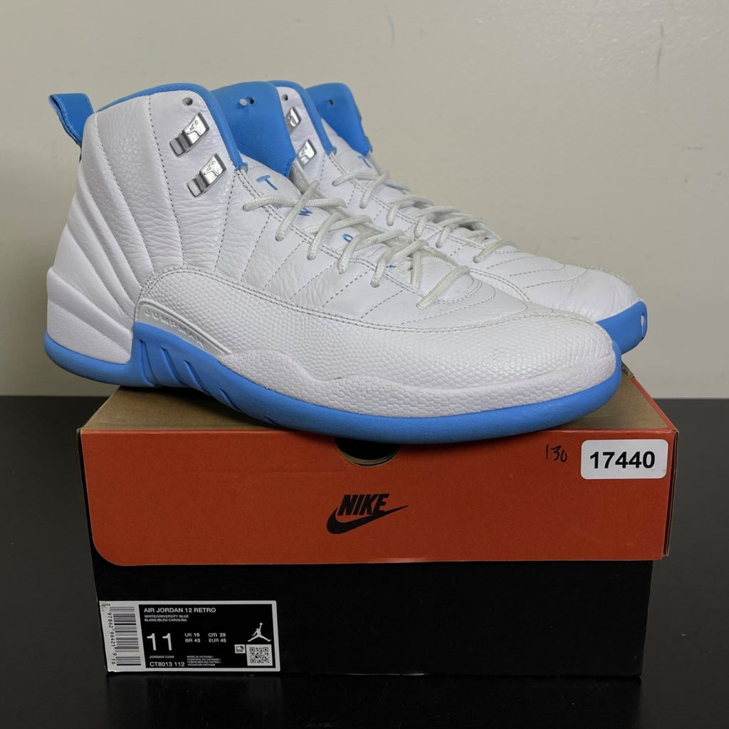 Jordan 12 Retro Melo (2025) 11 (Moderately Worn Pre-Owned)JordanWhite/University Blue/Metallic Silver - Image 1