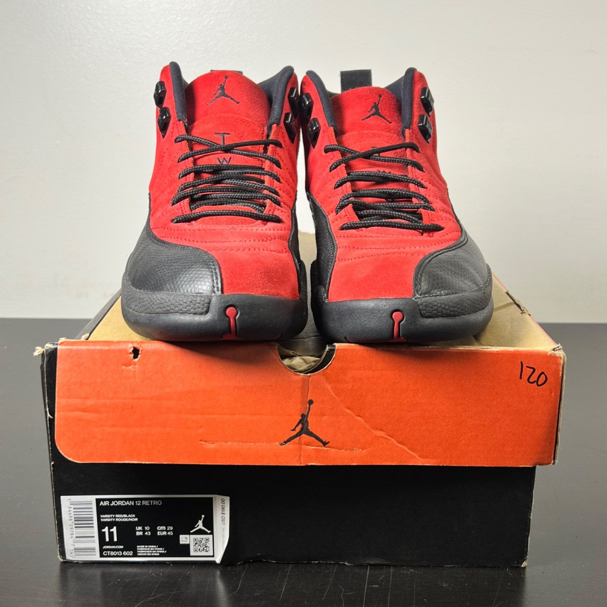 Jordan 12 Retro Reverse Flu Game 11 (Lightly Worn Pre-Owned)JordanVarsity Red/Black - Image 2