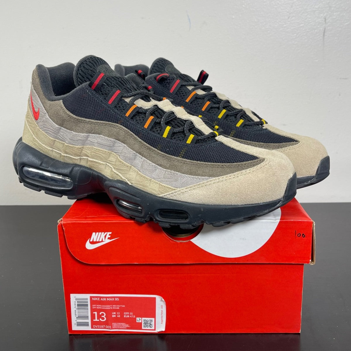 Nike Air Max 95 Off Noir Limestone 13 (Moderately Worn Pre-Owned)NikeOff Noir/University Red-Rattan-Limestone - Image 1