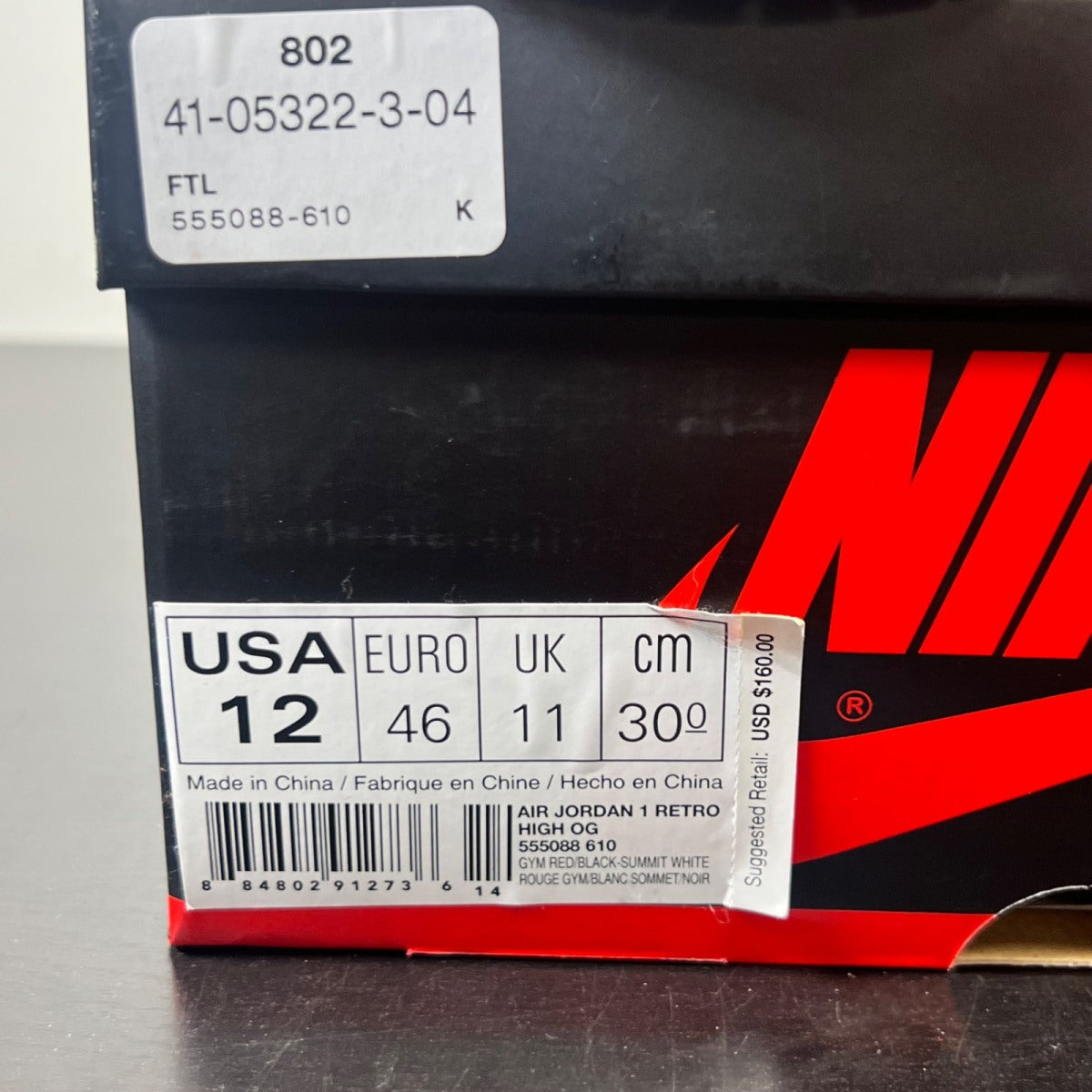Jordan 1 Retro High Bred Toe 12 (Moderately Worn Pre-Owned)JordanGym Red/Black-Summit White - Image 5