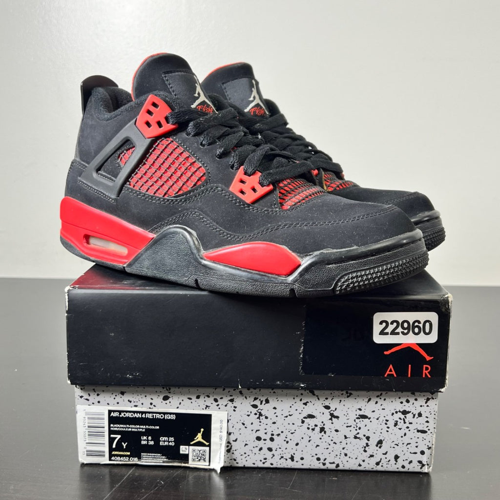 Jordan 4 Retro Red Thunder (GS) 7Y (Moderately Worn Pre-Owned)JordanBlack/Multi-Color-Multi-Color-Crimson - Image 1