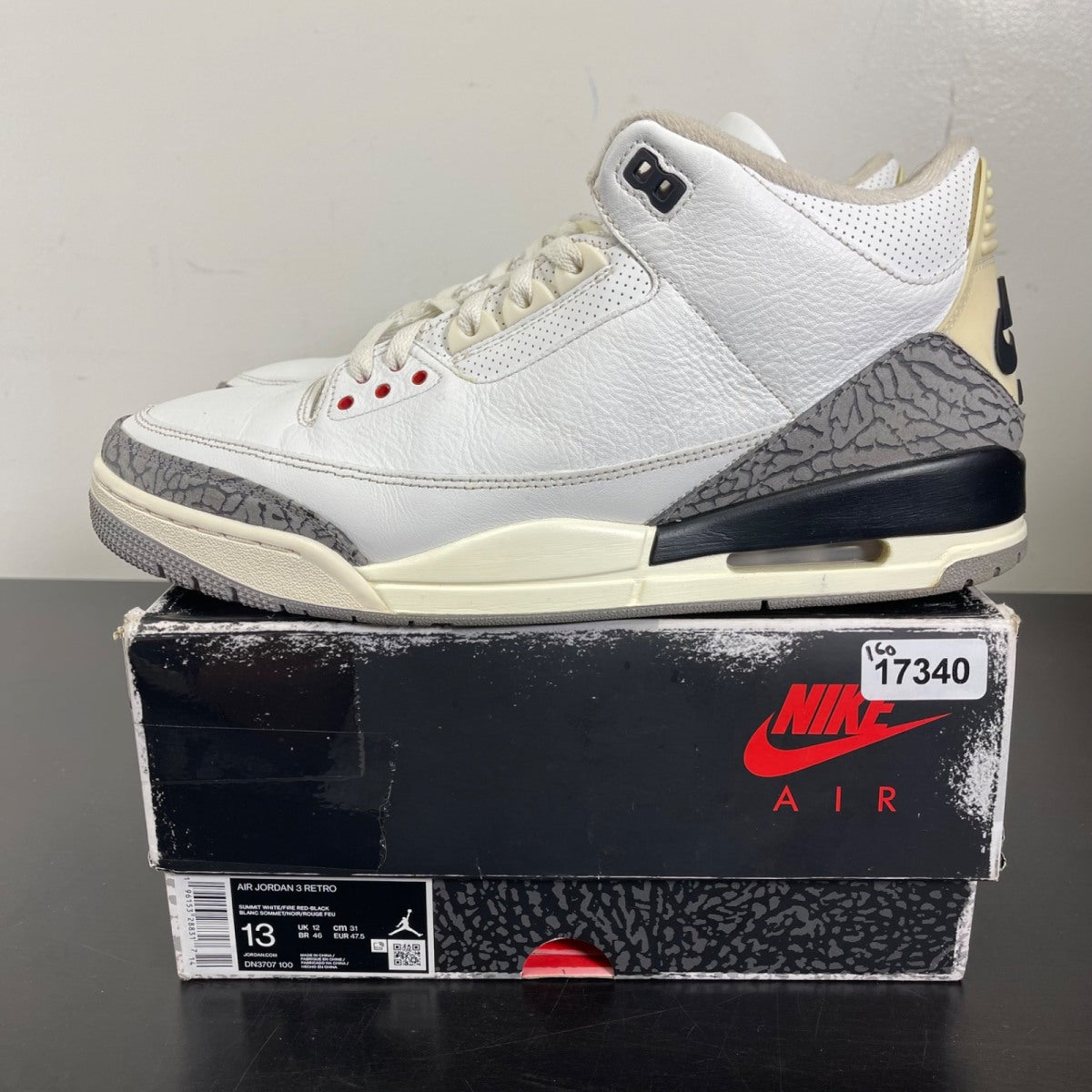 Jordan 3 Retro White Cement Reimagined 13 (Moderately Worn Pre-Owned)JordanSummit White/Fire Red/Black/Cement Grey - Image 3
